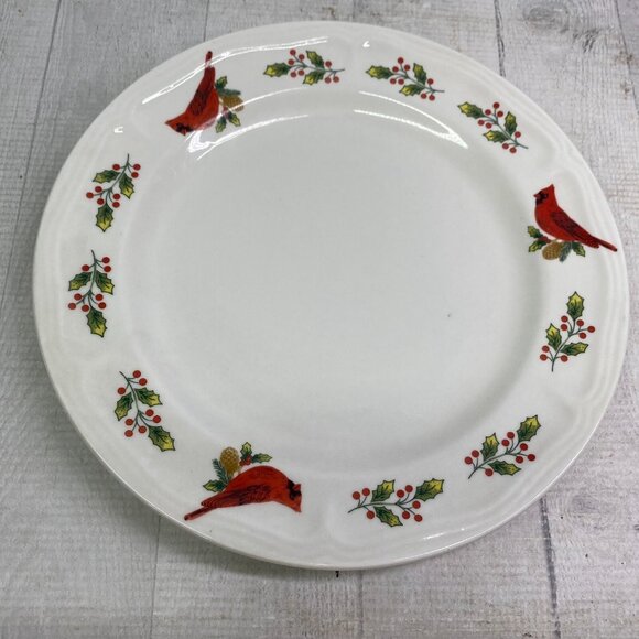 70s Gibson WINTER BIRDS Red Cardinal Holly Oven Safe Ceramic Dinner Plates Set 4 - Picture 2 of 16